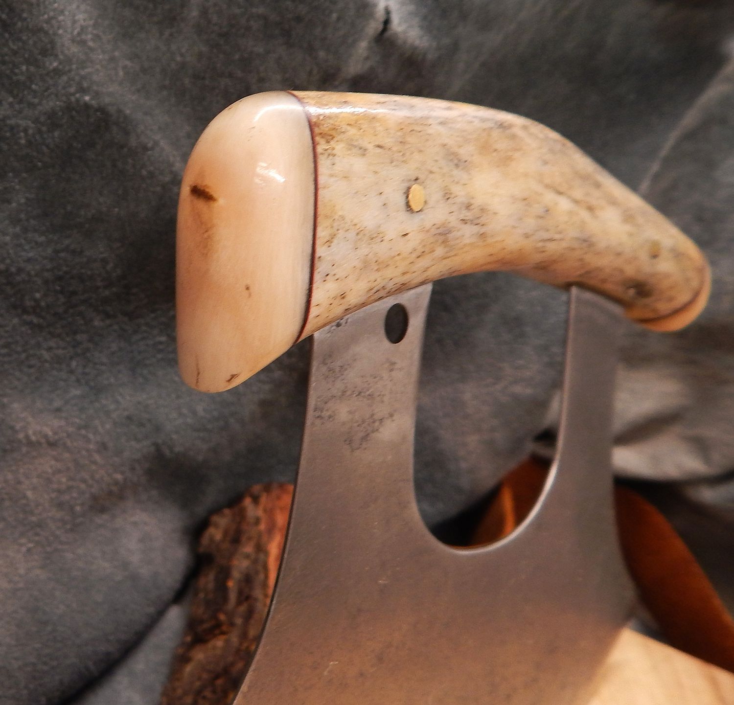 High Carbon Steel Nunivak Ulu With Caribou Antler and Dall Sheep Horn Handle