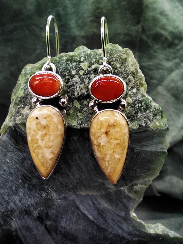Fossilized Walrus Ivory and Spiny Oyster Earrings