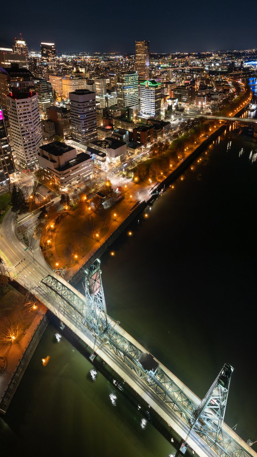 Portland&#39;s Iconic Hawthorne Bridge at Night Vertical Panorama