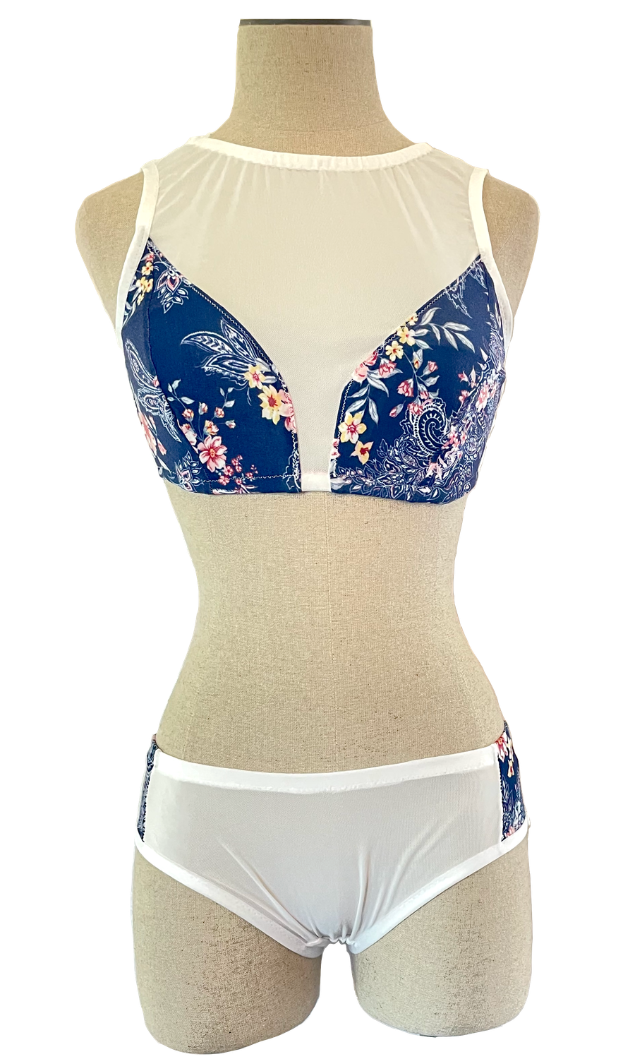 White Mesh &amp; Floral Navy Blue Sport Top Set