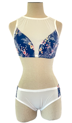 White Mesh &amp; Floral Navy Blue Sport Top Set