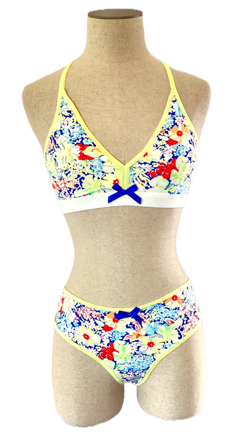 Neon Yellow Floral Halter Bralette Set