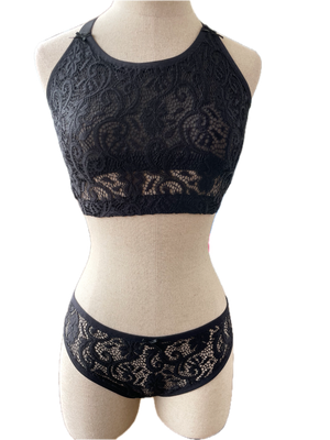 Black Flowery Lace Open Back Set