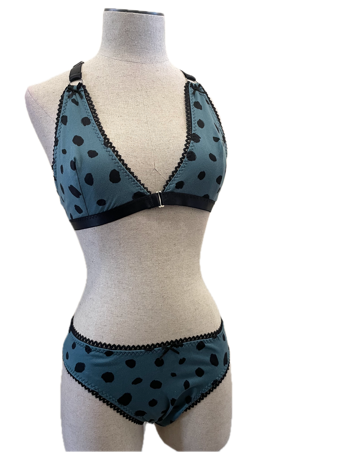 Blue-Green Polka Dot &amp; Lace Bralette Set