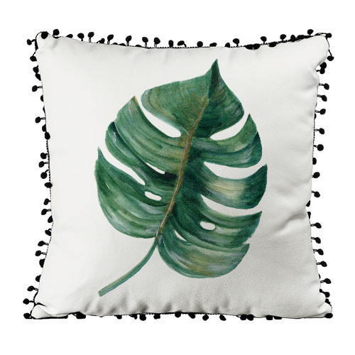 Подушка декоративная (мешковина) с помпонами Тропический листок