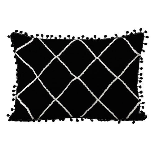 Подушка декоративная (мешковина) с помпонами Черные ромбы