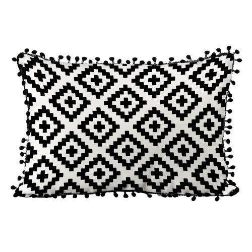 Подушка декоративная (мешковина) с помпонами Чёрные геометрические ромбы на белом фоне