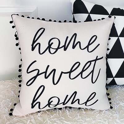 Подушка декоративна з помпонами (мішковина) Home sweet home