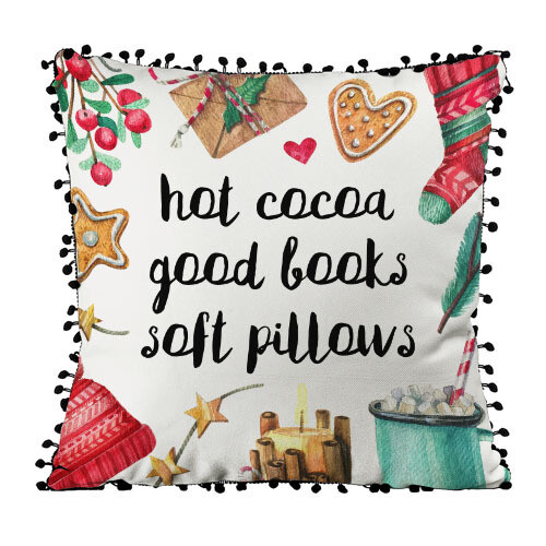 Подушка декоративна з помпонами (мішковина) Hot cocoa, good books, soft pillows