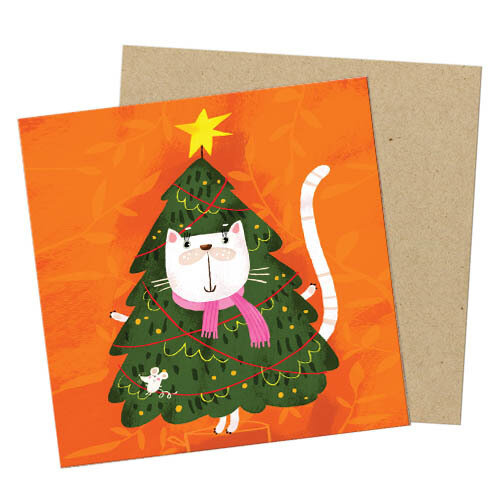 Маленькая открытка Котик в елке