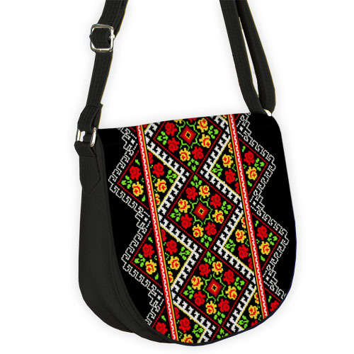 Молодёжная сумка Saddle Український квітковий орнамент на чорному фоні