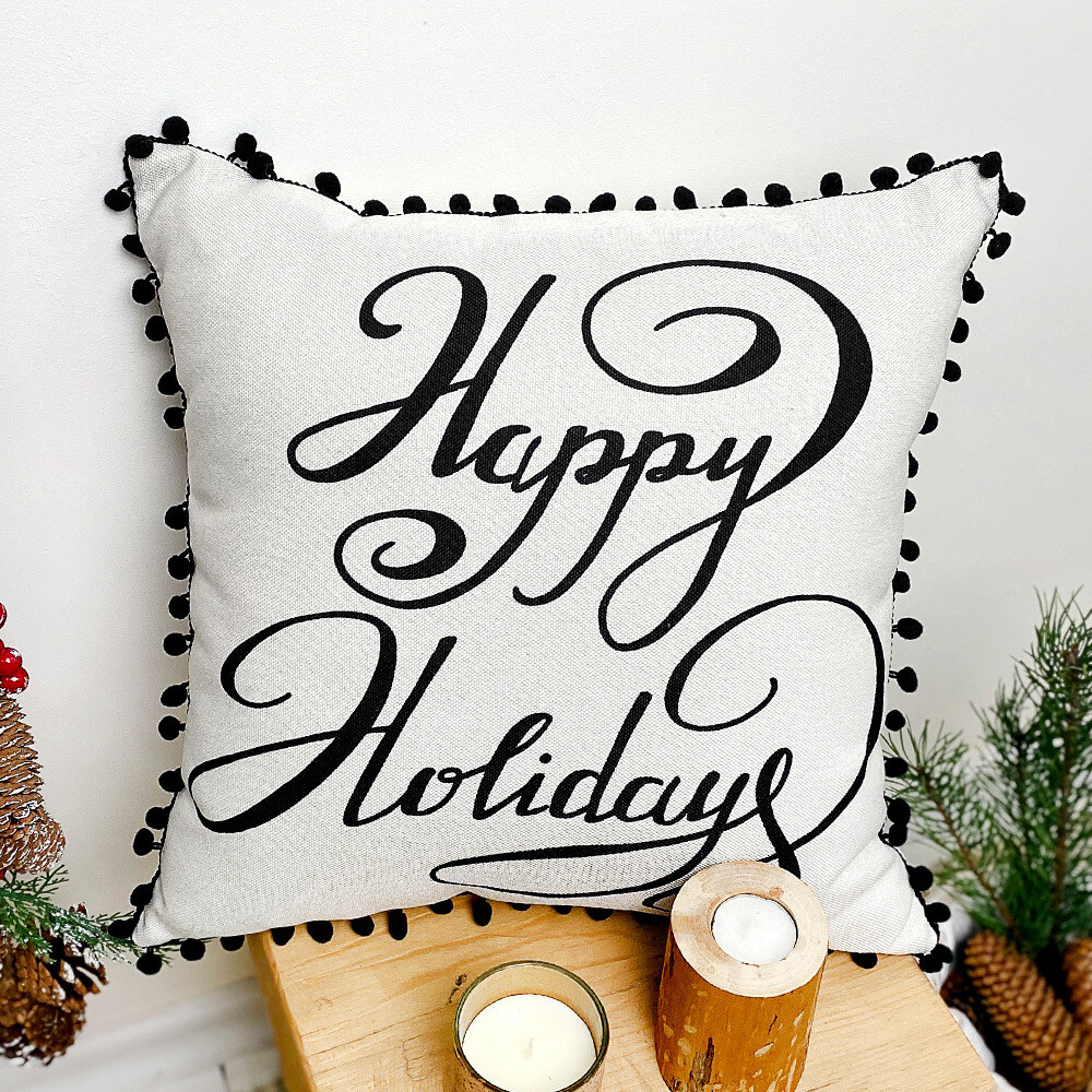 Подушка декоративная (мешковина) с помпонами Happy holidays
