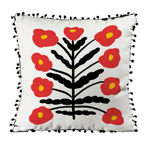 Подушка декоративная (мешковина) с помпонами Красные цветы