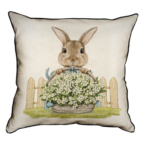 Подушка для интерьера (мешковина) 45х45 см Кролик с корзиной цветов