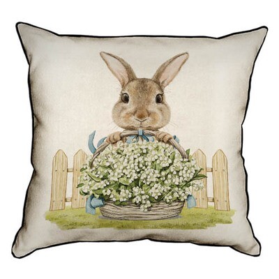 Подушка декоративна 45х45 см (мішковина) Кролик з кошиком квітів