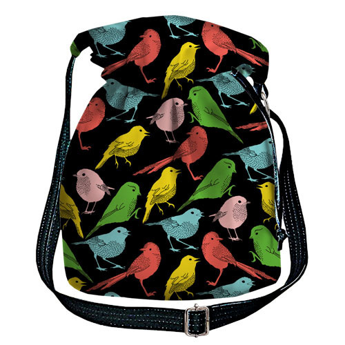 Женская сумка мешок Torba Разноцветные птички на черном фоне
