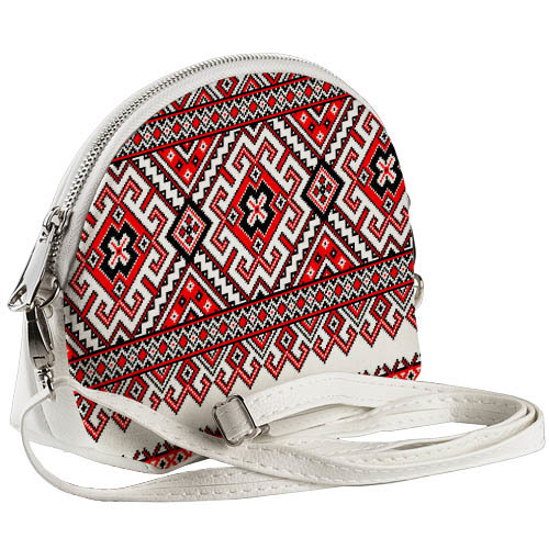 Маленькая женская сумочка Coquette Украинский орнамент с белым кожзамом