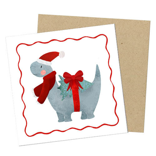 Маленькая открытка Динозавр с елкой