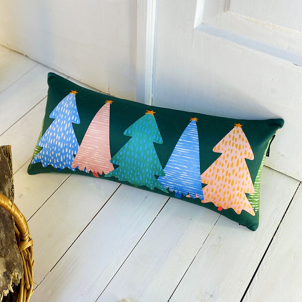 Подушка для дивана (бархат) 50х24 см Разноцветные елки