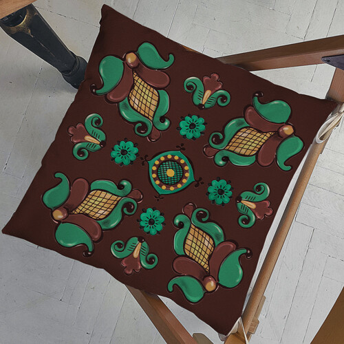 Подушка на стул с завязками Косівський візерунок квіти на коричневому тлі