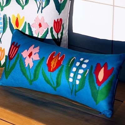 Подушка для дивана (бархат) 50х24 см Квіти на блакитному фоні