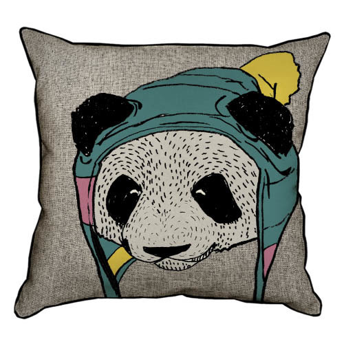 Подушка декоративна 45х45 см (мішковина) Панда в шапці