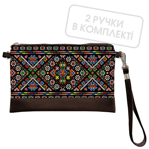Клатч через плече Вишивка квіти, коричнева екошкіра