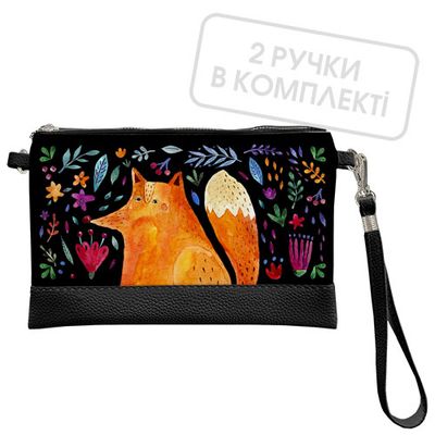 Клатч через плече Лисиця та квіти на чорному фоні