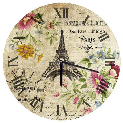Годинник настінний круглий, 36 см Ейфелева вежа та квіти