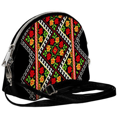 Маленькая женская сумочка Coquette Украинский цветочный орнамент на черном фоне