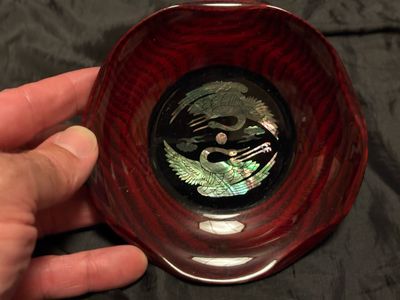 Handcrafted Japanese Lacquer Plate with Raden Crane Motif