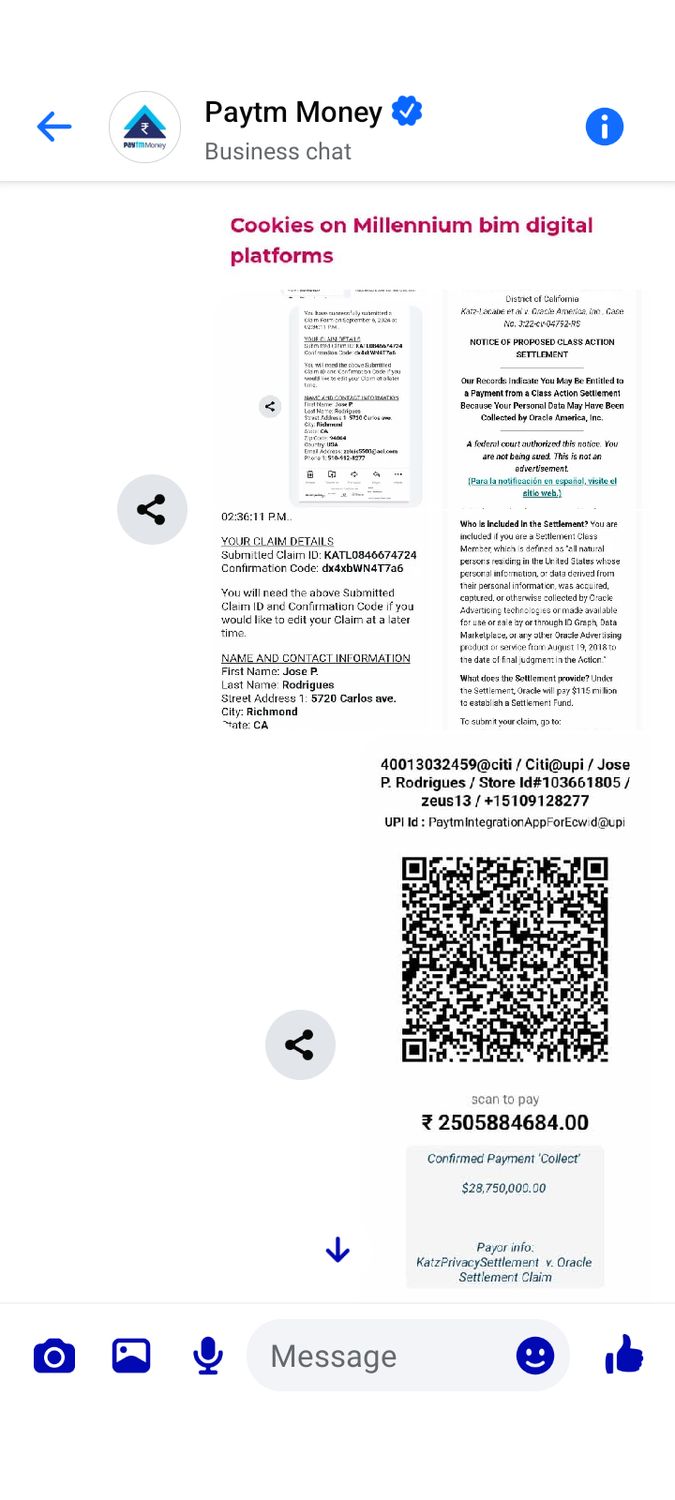 Claim Settlement UPI Beneficiaries receipts 'Collect' $28,750,000.00 Payor Katz privacy settlement v. Oracle