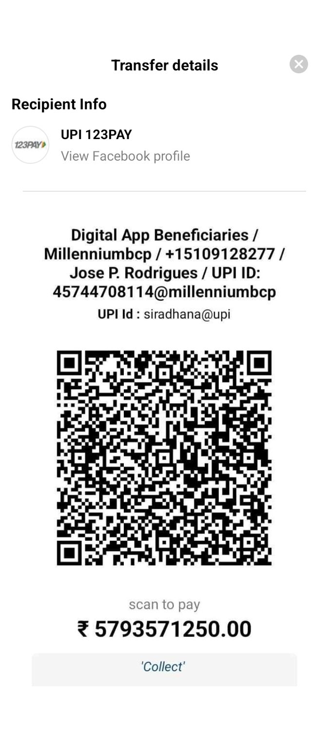 UPI payments 'Collect' / QR Code Combined $70,000,000.00 