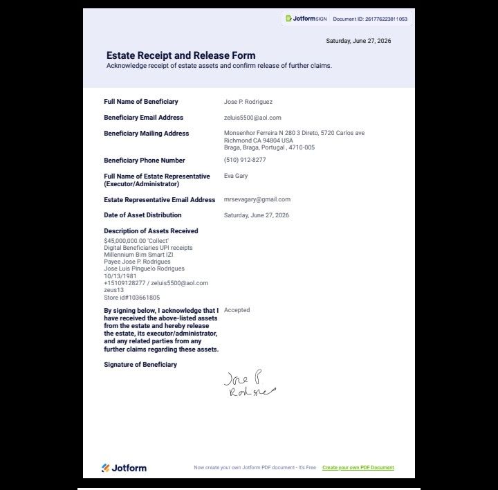 Estate receipts &amp; Release Form 'Collect' Jotform