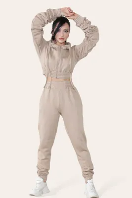 Ruched Sleeves Cropped Hoodie and Cropped Jogger Cuffed Bottom Loungewear Tracksuit Set