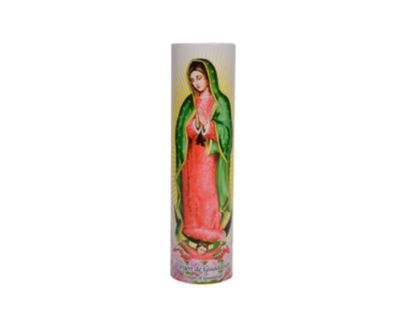 LED Candle - Virgin of Guadalupe (green mantle, pink rose background)