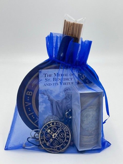 St Benedict Gift Pack - Benedict Medal Door Hanger+Indoor-Outdoor Emblem+ Candle + Frankincense/Myrrh Incense+ Holder + Pamphlet