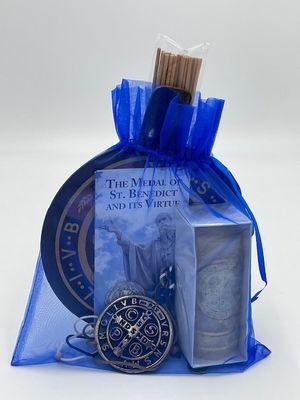 St Benedict Gift Pack - Benedict Medal Door Hanger+Indoor-Outdoor Emblem+ Candle + Frankincense/Myrrh Incense+ Holder + Pamphlet