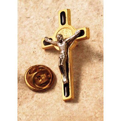 St Benedict Medal Cross Lapel Pin (Gold-tone/Black)
