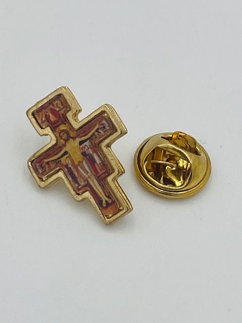 Lapel Pin,  San Damiano cross gold 3/4&quot; - DISCONTINUED by VENDOR