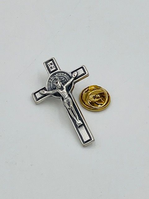 St Benedict Medal Cross Lapel Pin (Silver)