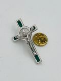 St Benedict Medal Cross Lapel Pin (Silver/Green)