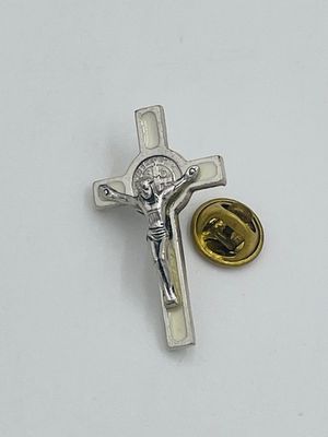 St Benedict Medal Cross Lapel Pin (Silver/White)