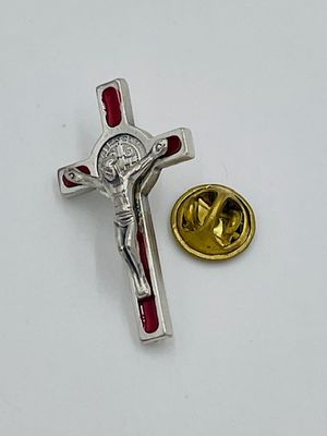 St Benedict Medal Cross Lapel Pin (Silver/Red)