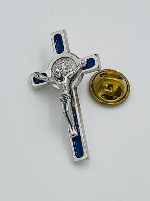 St Benedict Medal Cross Lapel Pin (Silver/Blue)