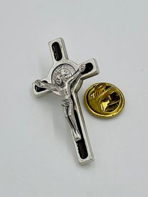 St Benedict Medal Cross Lapel Pin (Silver/Brown)