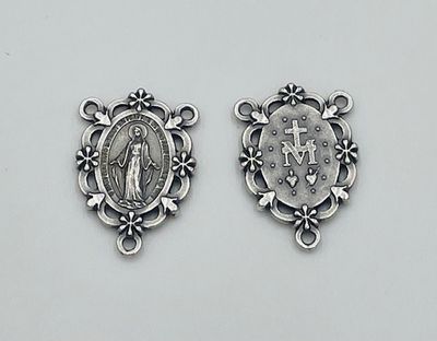 Miraculous Medal  Flower Center Silver tone