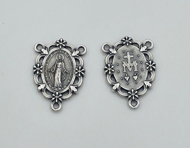 Miraculous Medal  Flower Center Silver tone