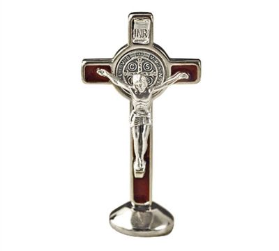 Crucifix  standing- St Benedict silver/enamel brown 3&quot; small