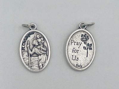 Saint Christopher Silver Tone Oxidized Medal